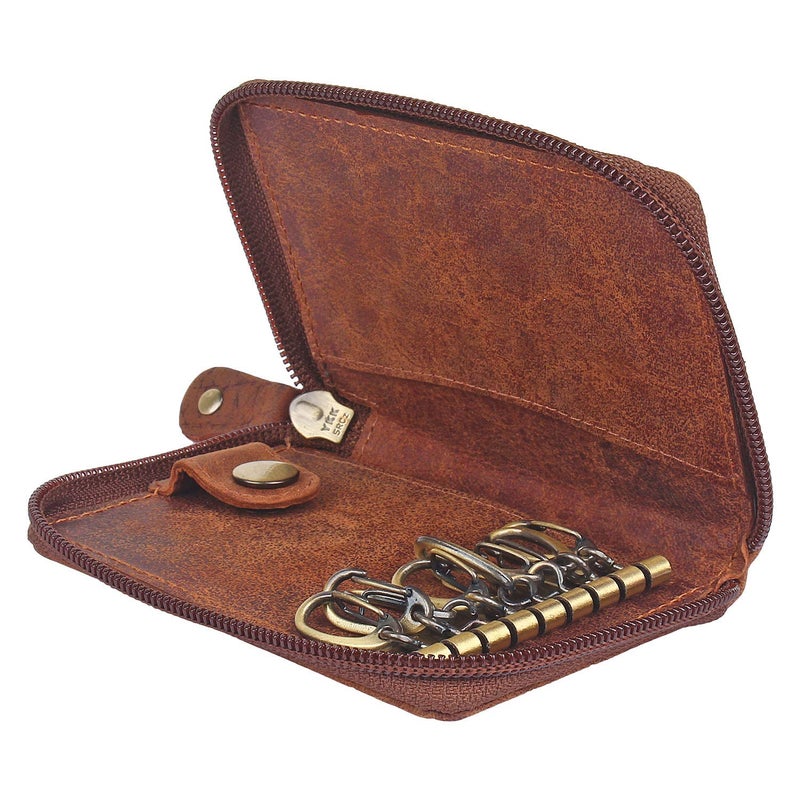 RUSTIC TOWN Leather Key Case Holder - Zippered Key Organizer Wallet with 8 Hooks for Keys, Cash, and Card - Gift for Men and Women (Brown) - Image 5